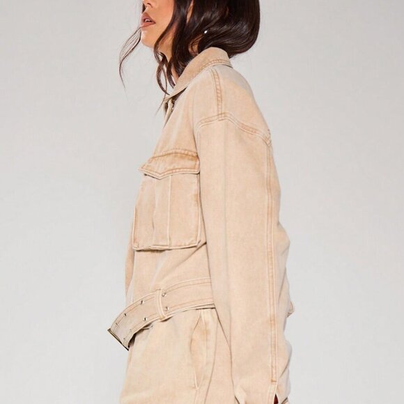 Khaki Casual Women's Collared Pocket Detail Belted Longline Cropped Denim Jacket - Picture 2 of 5